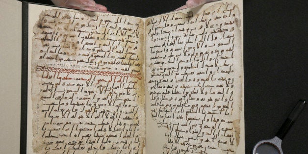 A fragment of a Koran manuscript is seen in the library at the University of Birmingham in Britain July 22, 2015. A British university said on Wednesday that fragments of a Koran manuscript found in its library were from one of the oldest surviving copies of the Islamic text in the world, possibly written by someone who might have known Prophet Mohammad. Radiocarbon dating indicated that the parchment folios held by the University of Birmingham in central England were at least 1,370 years old, which would make them one of the earliest written forms of the Islamic holy book in existence. REUTERS/Peter Nicholls 