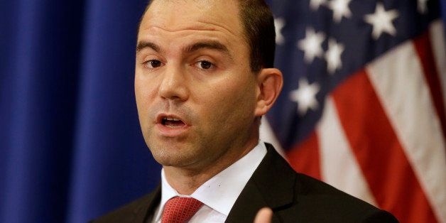Deputy National Security Adviser for Strategic Communications and Speechwriting Ben Rhodes speaks to reporters during a press briefing, Friday, Aug. 22, 2014, in Edgartown, Mass., on the island of Martha's Vineyard. Rhodes spoke on issues concerning the situation in Iraq and Ukraine. (AP Photo/Steven Senne)