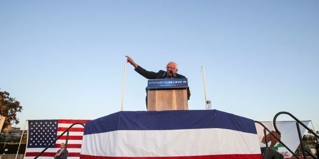 US Democratic presidential candidate Bernie Sanders speaks during a rally at Santa Monica High School Football Field in Santa
