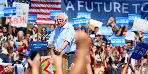 Democratic presidential candidate Sen. Bernie Sanders, I-Vt., speaks at a rally on Sunday, May 22, 2016, in Vista, Calif. (AP Photo/Sandy Huffaker)