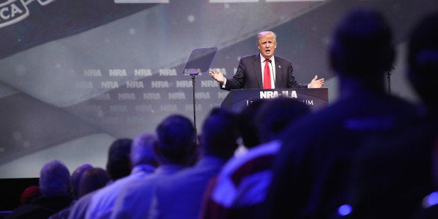 LOUISVILLE, KY - MAY 20: Republican presidential candidate Donald Trump speaks at the National Rifle Association's NRA-ILA Leadership Forum during the NRA Convention at the Kentucky Exposition Center on May 20, 2016 in Louisville, Kentucky. The NRA endorsed Trump at the convention. The convention runs May 22. (Photo by Scott Olson/Getty Images)