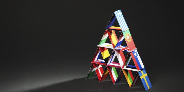 'Subject: House of cards made of European flags, signifying the economy and the debt crisis of the European countries.'