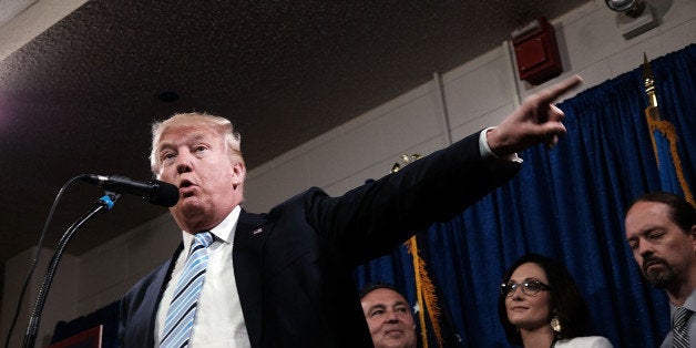 BISMARCK, ND - MAY 26: Republican presidential candidate Donald Trump speaks to the media before a rally on May 26, 2016 in