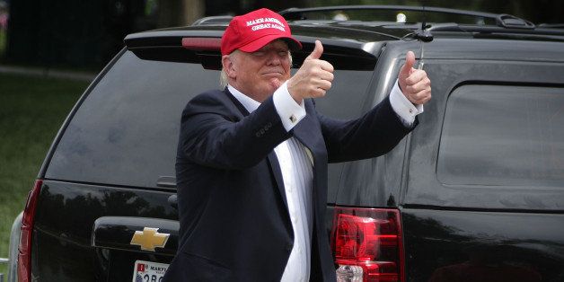 WASHINGTON, DC - MAY 29: Republican presidential candidate Donald Trump holds his thumbs up as he leaves after he spoke during the annual Rolling Thunder First Amendment Demonstration Run May 29, 2016 in Washington, DC. Bikers are gathering in the annual parade in the nation's capital to remember those who were prisoners of war and missing in action on Memorial Day weekend. (Photo by Alex Wong/Getty Images)