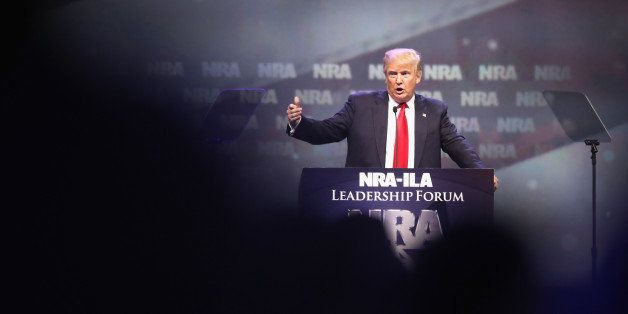 LOUISVILLE, KY - MAY 20: Republican presidential candidate Donald Trump speaks at the National Rifle Association's NRA-ILA Leadership Forum during the NRA Convention at the Kentucky Exposition Center on May 20, 2016 in Louisville, Kentucky. The NRA endorsed Trump at the convention. The convention runs May 22. (Photo by Scott Olson/Getty Images)