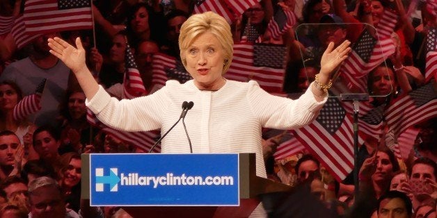 BROOKLYN, NEW YORK - JUNE 7: Democratic Presidential Candidate Hillary Clinton thanks her supporters at a rally at Duggan Greenhouse Building in Brooklyn, New York on June 7, 2016. Hillary Clinton claimed the Democratic Party nomination Tuesday night, securing her place in American history as the first woman to become one of the two major parties presidential candidate. (Photo by Selcuk Acar/Anadolu Agency/Getty Images)