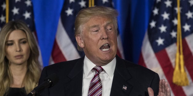 Donald Trump, presumptive Republican presidential nominee, speaks during a primary night event at the Trump National Golf Club Westchester in Briarcliff Manor, New York, U.S., on Tuesday, June 7, 2016. Trump, who clinched the Republican nomination last month, is set to face off against Hillary Clinton in the general election and the two are set to be formally nominated at their parties' conventions in July. Photographer: Victor Blue/Bloomberg via Getty Images