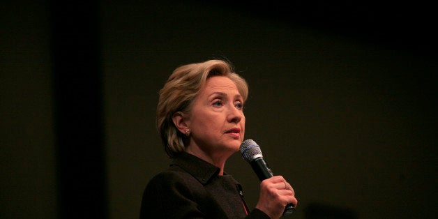 GRUNDY CENTER, IA - DECEMBER 20: Democratic presidential hopeful Senator Hillary Clinton (D-NY) speaks at a campaign event at Grundy Center High School December 20, 2007 in Grundy Center, Iowa. Clinton continued her campaigning in the state just weeks away from the January 3 Iowa Caucus. (Photo by Eric Thayer/Getty Images)