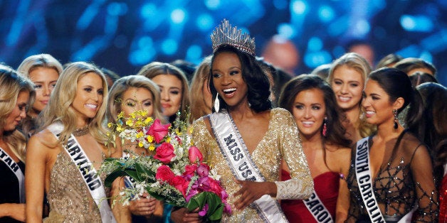 Deshauna Barber (C) of the District of Columbia celebrates with other contestants after being crowned Miss USA 2016 during the 2016 Miss USA pageant at the T-Mobile Arena in Las Vegas, Nevada, U.S., June 5, 2016. REUTERS/Steve Marcus