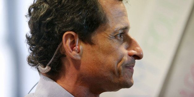 NEW YORK, NY - SEPTEMBER 09: Democratic mayoral candidate Anthony Weiner waits to be interviewed while working the phone bank at campaign headquarters on September 9, 2013 in New York City. The city's primary mayoral election is September 10 with the general election scheduled for November 5. (Photo by Mario Tama/Getty Images)