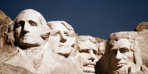 FILE - In this undated file photo, the statues of George Washington, Thomas Jefferson, Teddy Roosevelt and Abraham Lincoln ar