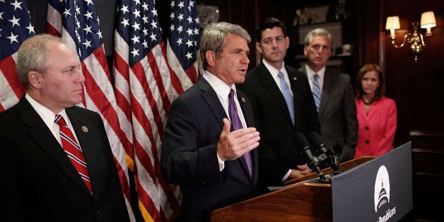 WASHINGTON, DC - JUNE 14: House Homeland Security Committee Chairman Rep. Michael McCaul (2nd L) (R-TX) joins members of the House Republican leadership following their weekly policy meeting June 14, 2016 in Washington, DC. McCaul and members of the Republican leadership commented on the recent attack in Orlando, Florida during their remarks. Also pictured (L-R) are Rep. Scott Scalise (R-LA), Speaker of the House Paul Ryan (R-WI), and Rep. Kevin McCarthy (R-CA). (Photo by Win McNamee/Getty Images)