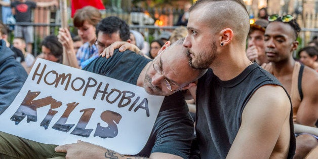 GRAND CENTRAL STATION, NEW YORK, UNITED STATES - 2016/06/18: A group of about 200 people held a rally at Grand Central Station where the names of the Orlando shootout victims were read, the group then marched down Seventh Avenue to the Stonewall Inn on the West Village were a 10 minute silence were held in memory of The Pulse victims. The group wants to raise awareness about stopping the homophobia and islamophobia outcomes created by this incident. (Photo by Erik McGregor/Pacific Press/LightRocket via Getty Images)