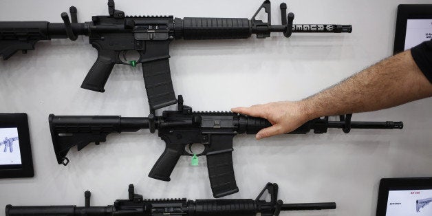 AR-15 rifles are displayed on the exhibit floor during the National Rifle Association (NRA) annual meeting in Louisville, Ken