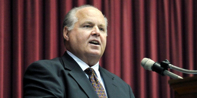 Conservative commentator Rush Limbaugh speaks during a secretive ceremony inducting him into the Hall of Famous Missourians on Monday, May 14, 2012, in the state Capitol in Jefferson City, Mo. (AP Photo/Julie Smith)