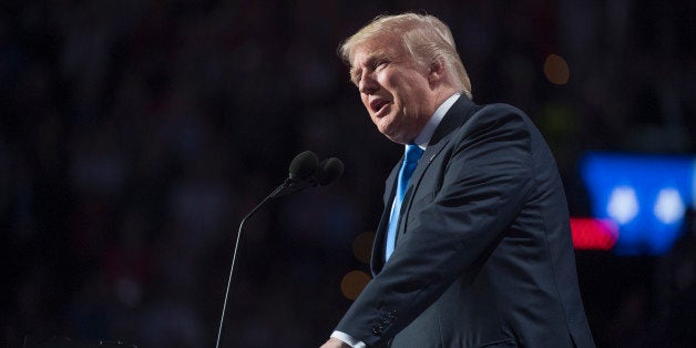 UNITED STATES - JULY 18: Presidential candidate Donald Trump appears on stage of the Quicken Loans Arena on first day of the Republican National Convention in Cleveland, Ohio, July 18, 2016. (Photo By Tom Williams/CQ Roll Call)