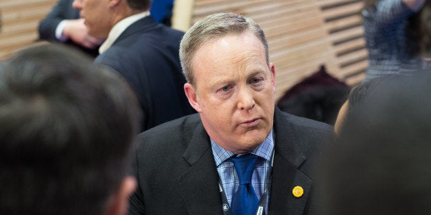 UNITED STATES - February 6: Sean Spicer, Chief Strategist and Communications Director for the Republican National Committee, speaks to reporters in the spin room after the New Hampshire Republican presidential primary debate at Saint Anselm College in Manchester, New Hampshire on February 6, 2016. (Meredith Dake-O'Connor/CQ Roll Call)