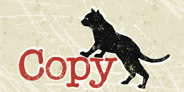 Copy Cat! A stylized vector cartoon of the word copy next to a cat, reminiscent of an old screen print poster and suggesting the phrase 'Copy Cat' which means plagiarism, intellectual property theft, imitation, mimicry or copying, Text, Cat, paper texture and background are on different layers for easy editing. Please note: clipping paths have been used, an eps version is included without the path.