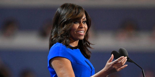 First Lady Michelle Obama speaks during the first day of the Democratic National Convention in Philadelphia , Monday, July 25