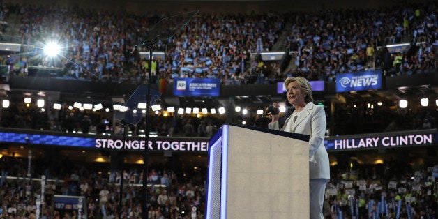 Democratic presidential nominee Hillary Clinton delivers her acceptance speech on the fourth and final night at the Democratic National Convention in Philadelphia, Pennsylvania, U.S. July 28, 2016. REUTERS/Jim Young