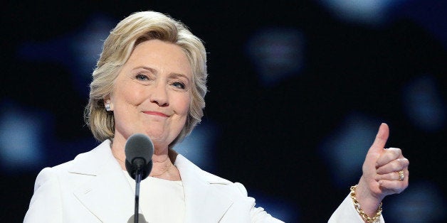 PHILADELPHIA, PA - JULY 28: Democratic presidential candidate Hillary Clinton delivers remarks during the fourth day of the Democratic National Convention at the Wells Fargo Center on July 28, 2016 in Philadelphia, Pennsylvania. An estimated 50,000 people are expected in Philadelphia, including hundreds of protesters and members of the media. The four-day Democratic National Convention kicked off July 25. (Photo by Paul Morigi/WireImage)