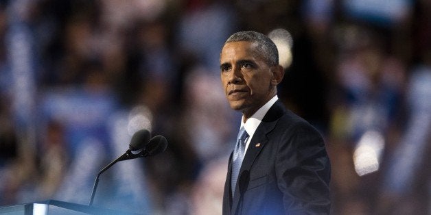 PHILADELPHIA, July 28, 2016-- U.S. President Barack Obama addresses the 2016 U.S. Democratic National Convention at Wells Fargo Center, Philadelphia, Pennsylvania, the United States on July 27, 2016. (Xinhua/Li Muzi via Getty Images)