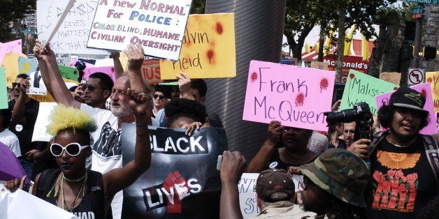 Black Lives Matter protesters marched from Temple University to FDR park to protest the DNC, demanding an end to racist policing, police accountability and economic justice. The marched through Center city Philadelphia and shut down large sections of the city on July 26, 2016. (Photo by Cory Clark/NurPhoto via Getty Images)