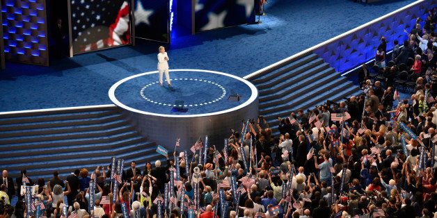 Democratic presidential nominee Hillary Clinton on stage after accepting the nomination on the fourth and final night at the Democratic National Convention in Philadelphia, Pennsylvania. U.S. July 28, 2016. REUTERS/Charles Mostoller