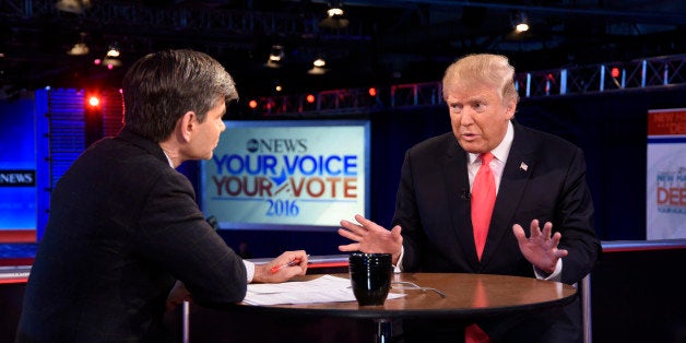 THIS WEEK - 2/7/16 - Following the Republican Presidential Debate, George Stephanopoulos interviews Donald Trump and Marco Rubio from St. Anselm College in Manchester, NH, airing on the ABC Television Network and all ABC News platforms. (Photo by Ida Mae Astute/ABC via Getty Images)GEORGE STEPHANOPOULOS, DONALD TRUMP