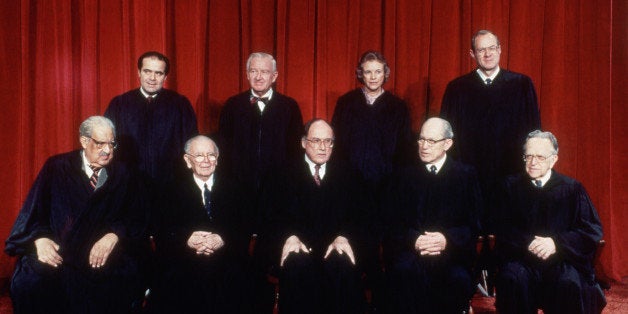 (Original Caption) 5/18/1988-Washington, D.C.- US Supreme Court (official portrait), front L-R: Thurgood Marshall; William Brennan; Chief Justice William Rehnquist; Byron White; Harry Blackmun; rear L-R: Anthony Kennedy; Sandra Day O'Connor; John Paul Stevens; and Antonin Scaliia.