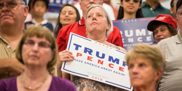 WINDHAM, NH - AUGUST 06: Supporters of Republican presidential candidate Donald Trump at a rally at Windham High School on Au