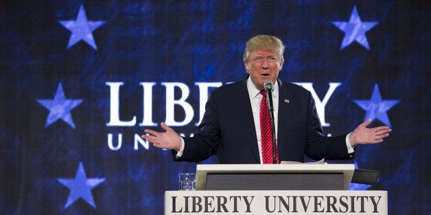 Donald Trump, president and chief executive of Trump Organization Inc. and 2016 Republican presidential candidate, speaks during a Liberty University Convocation in Lynchburg, Virginia, U.S., on Monday, Jan. 18, 2016. Real Clear Politics average of recent opinion polls show Trump running marginally ahead of Senator Ted Cruz in Iowa but holding a bigger lead in New Hampshire. Photographer: Drew Angerer/Bloomberg via Getty Images 