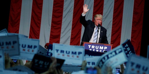 Republican presidential candidate Donald Trump waves after speaking during a campaign rally at Sacred Heart University, Saturday, Aug. 13, 2016, in Fairfield, Conn. (AP Photo/Evan Vucci)