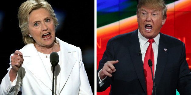 (FILE PHOTO) In this composite image a comparison has been made between former US Presidential Candidates Hillary Clinton (L) and Donald Trump. ***LEFT IMAGE*** PHILADELPHIA, PA - JULY 28: Democratic presidential candidate Hillary Clinton delivers remarks during the fourth day of the Democratic National Convention at the Wells Fargo Center, July 28, 2016 in Philadelphia, Pennsylvania. Democratic presidential candidate Hillary Clinton received the number of votes needed to secure the party's nomination. An estimated 50,000 people are expected in Philadelphia, including hundreds of protesters and members of the media. The four-day Democratic National Convention kicked off July 25. (Photo by Alex Wong/Getty Images) ***RIGHT IMAGE*** LAS VEGAS, NV - DECEMBER 15: Republican presidential candidate Donald Trump during the CNN Republican presidential debate on December 15, 2015 in Las Vegas, Nevada. This is the last GOP debate of the year, with U.S. Sen. Ted Cruz (R-TX) gaining in the polls in Iowa and other early voting states and Donald Trump rising in national polls. (Photo by Justin Sullivan/Getty Images)