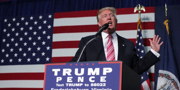 FREDERICKSBURG, VA - AUGUST 20: Republican presidential nominee Donald Trump speaks to voters during a campaign rally at Fredericksburg Expo Center August 20, 2016 in Fredericksburg, Virginia. Trump continues to campaign for the November presidential election with polls showing that he is trailing in many swing states, including Virginia. (Photo by Alex Wong/Getty Images)