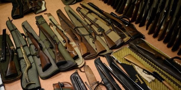 Weapons seized by French police are displayed at the police headquarters of Creteil on June 12, 2015 after a gun-trafficking