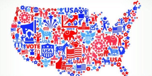 USA map Vote and Elections USA Patriotic Icon Pattern. This 100% vector composition features red and blue vote and elections