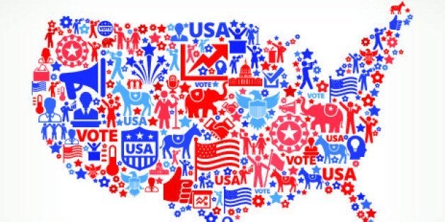 USA map Vote and Elections USA Patriotic Icon Pattern. This 100% vector composition features red and blue vote and elections icon pattern. The icons vary in size and include such election iconography as voting, candidates, leadership, voting ballots, republican and democratic symbols and people participating in the voting process.