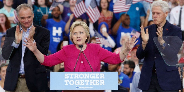 PHILADELPHIA, PA - JULY 29: Tim Kaine, Hillary Clinton, and Bill Clinton attend the 2016 general election kickoff rally for Hillary for America at McGonigle Hall at Temple University on July 29, 2016 in Philadelphia, Pennsylvania. (Photo by Taylor Hill/WireImage)