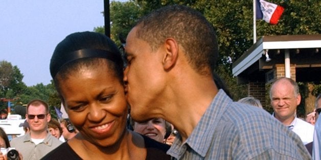 UNITED STATES - AUGUST 16: Democratic presidential candidate Barack Obama, right, and his wife Michelle Obama tour the Iowa State Fair, in Des Moines, Iowa, on Thursday, Aug. 16, 2007. (Photo by Steve Pope/Bloomberg via Getty Images)