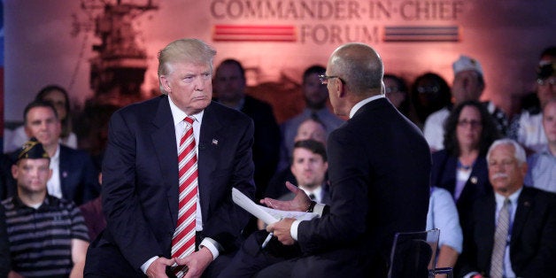 NBC NEWS - ELECTION COVERAGE -- Commander-In-Chief Forum -- Pictured: (l-r) Presidential Candidate Donald Trump and Matt Lauer on Wednesday, September 7, 2016 on the Intrepid in New York, NY -- (Photo by: Heidi Gutman/NBC News/NBCU Photo Bank via Getty Images)