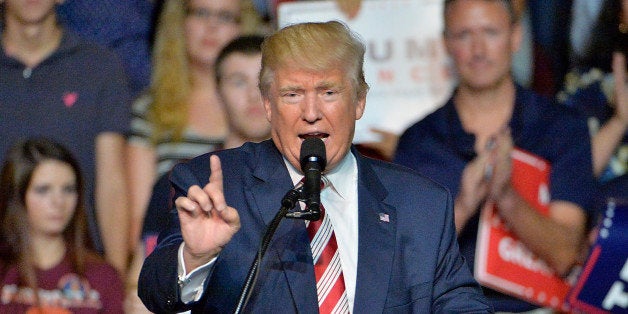 ROANOKE, VA - SEPTEMBER 24: Republican presidential nominee Donald Trump speaks at a campaign event at the Berglund Center on September 24, 2016 in Roanoke, Virginia. Trump spoke about lowering taxes and encouraging job growth during his last speech ahead of the first presidential debate with Democratic Presidential nominee Hillary Clinton on September 26. (Photo by Sara D. Davis/Getty Images)