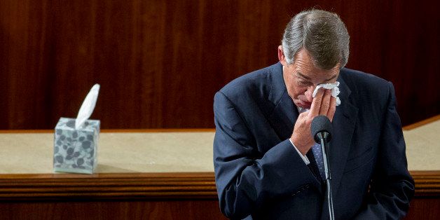 U.S. House Speaker John Boehner, a Republican from Ohio, wipes his eyes as he gives a farewell speech during a House Speaker election at the U.S. Capitol in Washington, D.C., U.S., on Thursday, Oct. 29, 2015. House Republicans elected Representative Paul Ryan as their nominee to take the gavel from the retiring Boehner. Ryan won the support of his fellow House Republicans at a party vote Oct. 28. The next step is a vote on the full House floor today. Photographer: Andrew Harrer/Bloomberg via Getty Images 