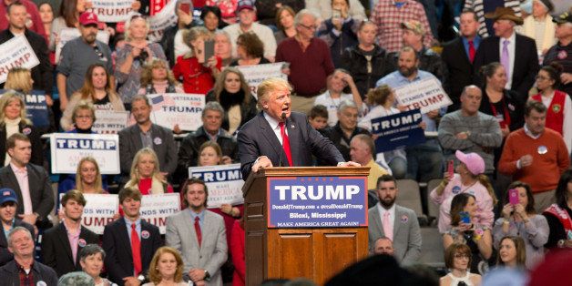 Mississippi, United States - January 2, 2016: Donald Trump speaking to the crowd at a campaign rally at the Mississippi Coliseum in Biloxi. 