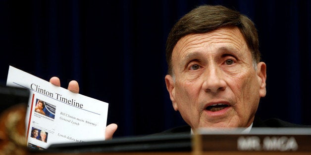 John Mica (R-FL) questions FBI Director James Comey (not pictured) with a Clinton timeline at a House Oversight and Governmen