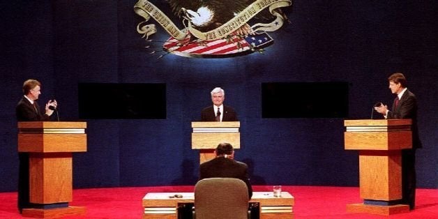 ATLANTA, GA - OCTOBER 13: Vice presidential candidates Dan Quayle (L), James Stockdale (C) and Al Gore (R) face off 13 October, 1992 at Georgia Tech in Atlanta, GA. The three candidates met for the only scheduled vice presidential debate of the 1992 election. (Photo credit should read BOB PEARSON/AFP/Getty Images)