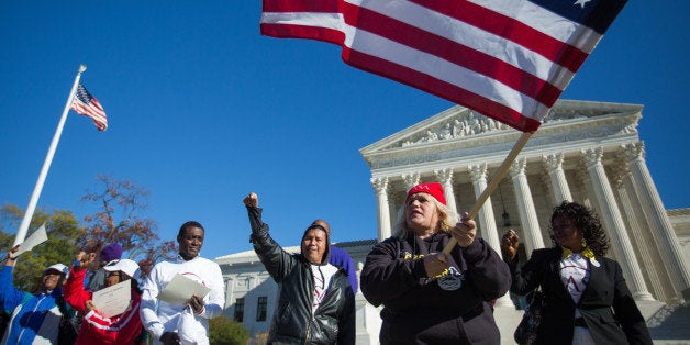WASHINGTON,DC-NOV20: Ivania Castillo and immigrant advocacy groups rallied Friday, November 20, 2015, outside the Supreme Court in Washington, DC, calling on the justices to rule in favor of President Obamas stalled deportation-relief proposal and threatening to hold accountable the Republican governors who so far have blocked it.(Photo by Evelyn Hockstein/For The Washington Post via Getty Images)