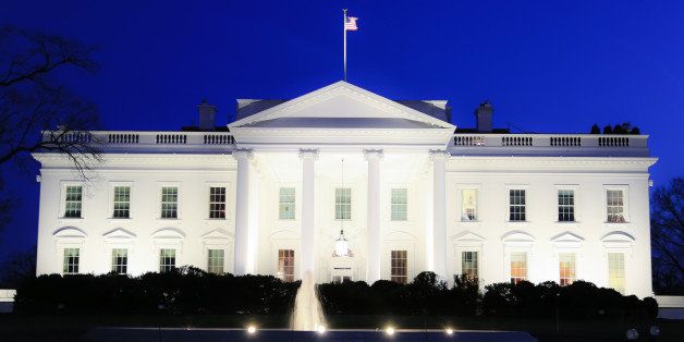 The White House in Washington, D.C. is seen after sunset as darkness falls. It is the home of the first family of the president of the United States of America.