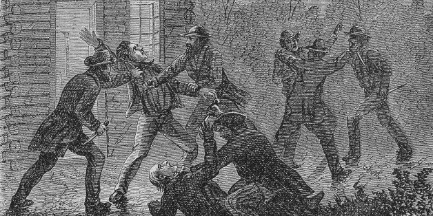 Illustration of John Brown leading a group of slaves and other followers in a a revolt against slaveowners the Doyle family,