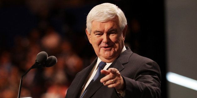 CLEVELAND, OH - JULY 20: Former Speaker of the House Newt Gingrich delivers a speech on the third day of the Republican National Convention on July 20, 2016 at the Quicken Loans Arena in Cleveland, Ohio. Republican presidential candidate Donald Trump received the number of votes needed to secure the party's nomination. An estimated 50,000 people are expected in Cleveland, including hundreds of protesters and members of the media. The four-day Republican National Convention kicked off on July 18. (Photo by Chip Somodevilla/Getty Images)